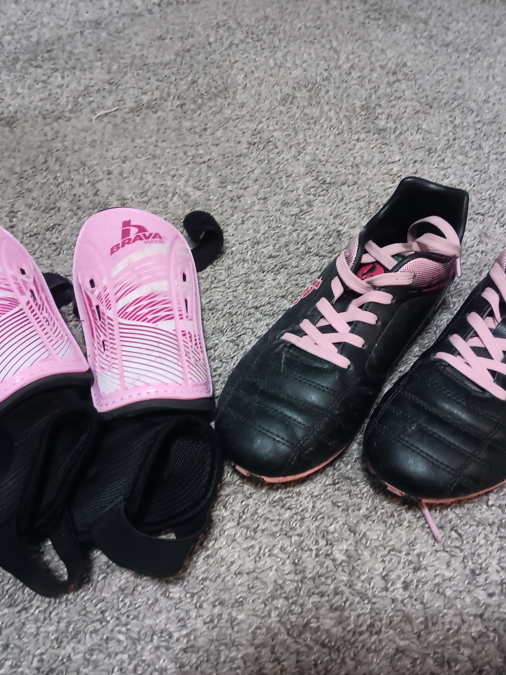 Brava Kids Black and Pink Soccer Cleats with Pink Shin Guards